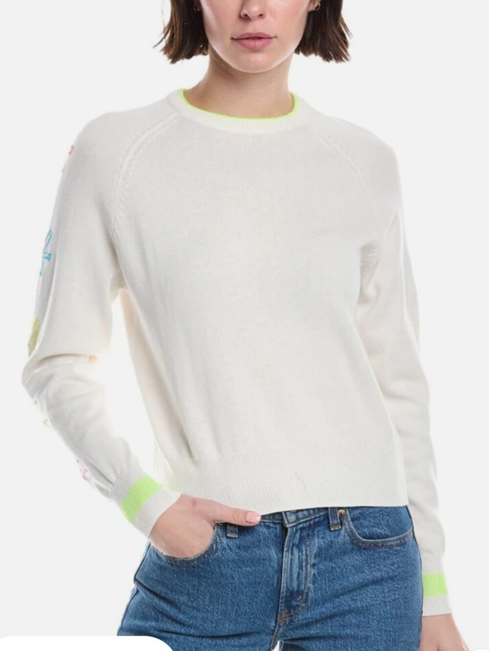 Wispr Floral Embroidery Silk-blend Sweater In White And Neon Green Size Small